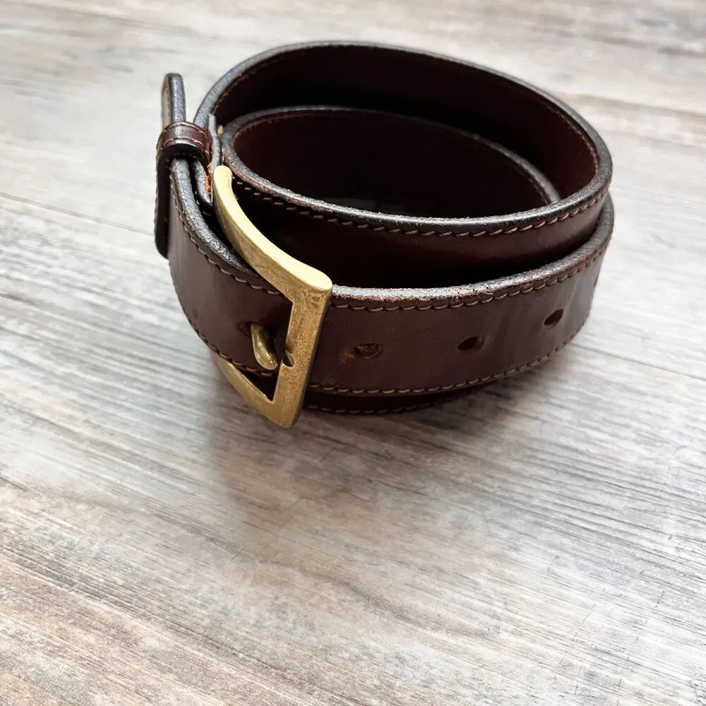 Eddie Bauer Brown Leather Belt Size 38 Brass Buckle Classic Casual Gold Stitch